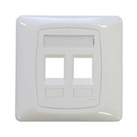 Dual-port wall face plate for clean indoor fiber and network outlet terminations.