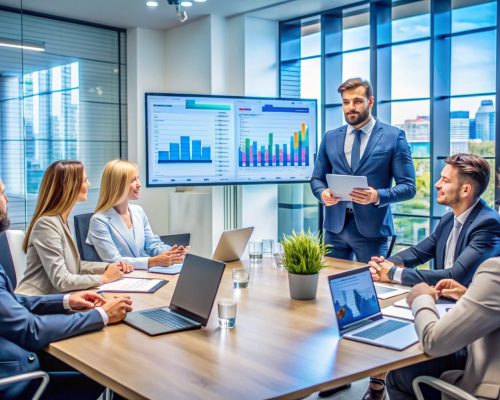 Business people in a meeting room discussing charts.